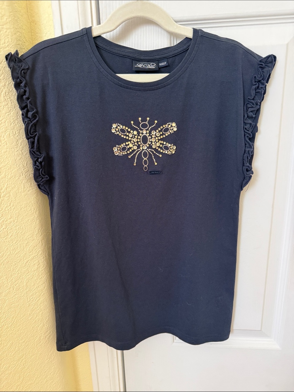 Girls' Navy Embellished Ruffle Sleeve Top